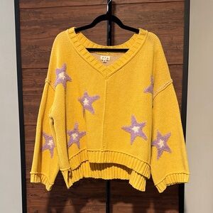 NWOT POL Yellow V-Neck Sweater with Purple Stars